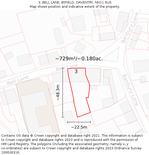 3, BELL LANE, BYFIELD, DAVENTRY, NN11 6US: Plot and title map