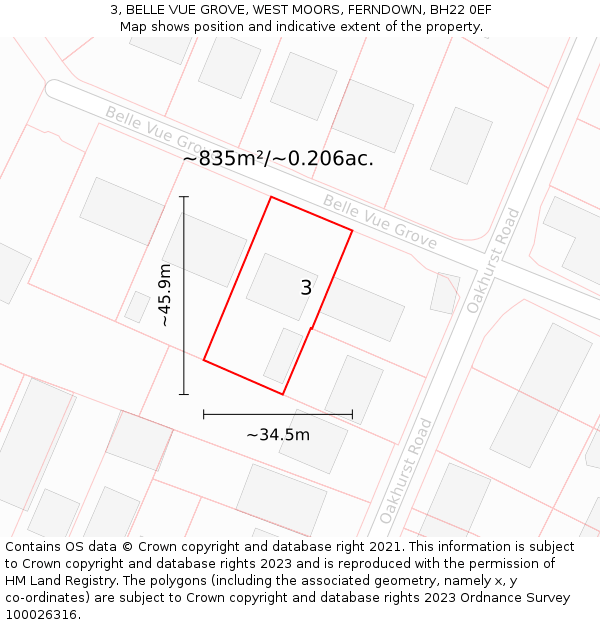 3, BELLE VUE GROVE, WEST MOORS, FERNDOWN, BH22 0EF: Plot and title map
