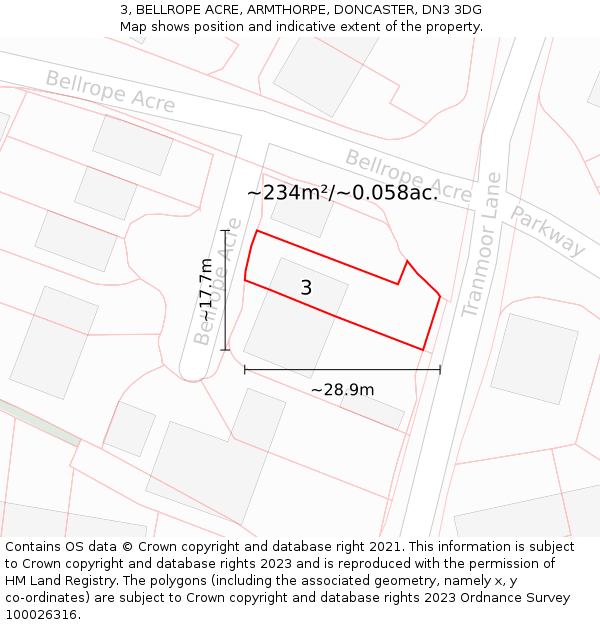 3, BELLROPE ACRE, ARMTHORPE, DONCASTER, DN3 3DG: Plot and title map