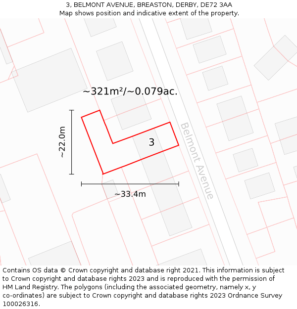 3, BELMONT AVENUE, BREASTON, DERBY, DE72 3AA: Plot and title map