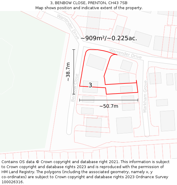 3, BENBOW CLOSE, PRENTON, CH43 7SB: Plot and title map
