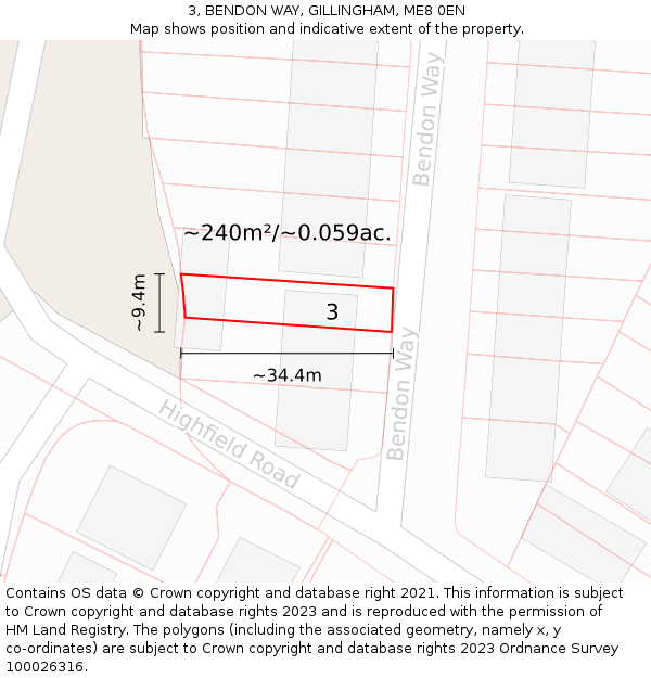 3, BENDON WAY, GILLINGHAM, ME8 0EN: Plot and title map