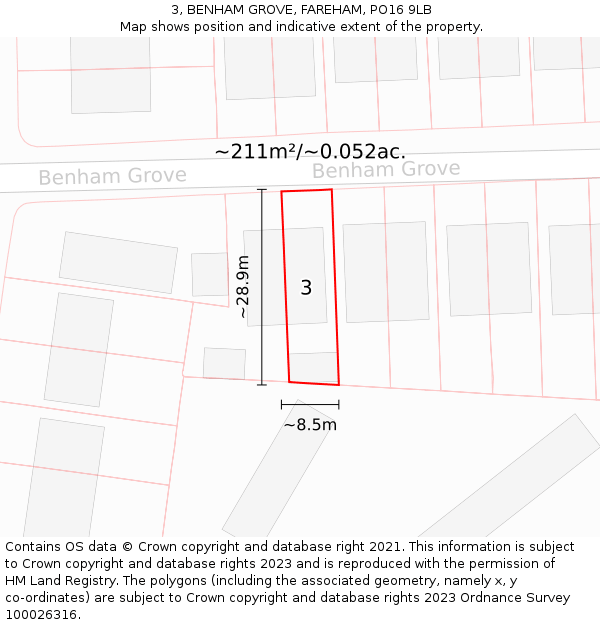 3, BENHAM GROVE, FAREHAM, PO16 9LB: Plot and title map