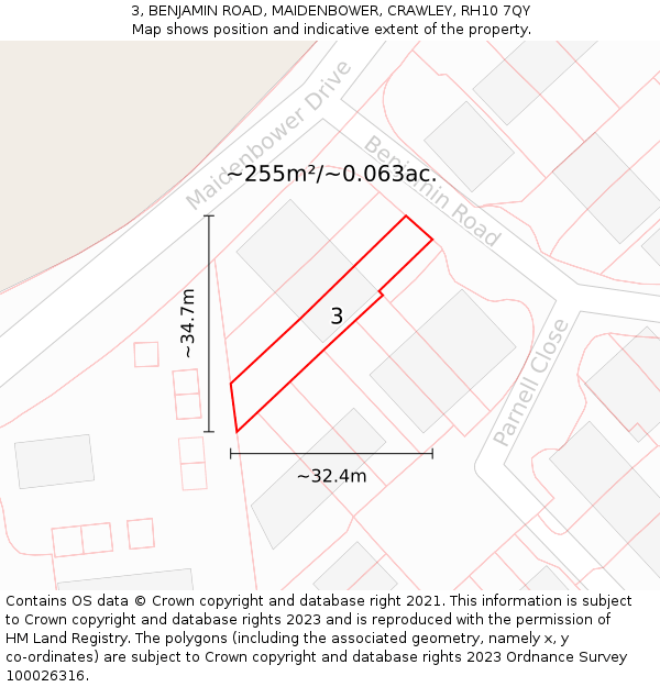 3, BENJAMIN ROAD, MAIDENBOWER, CRAWLEY, RH10 7QY: Plot and title map