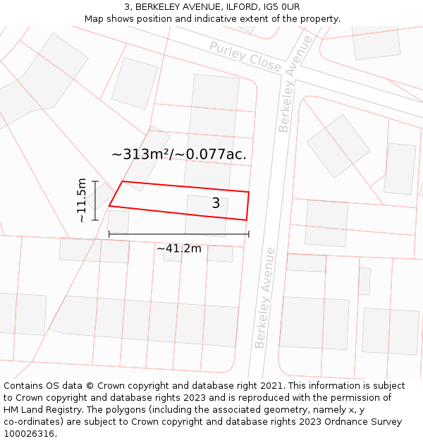 3, BERKELEY AVENUE, ILFORD, IG5 0UR: Plot and title map