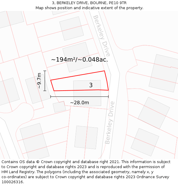 3, BERKELEY DRIVE, BOURNE, PE10 9TR: Plot and title map