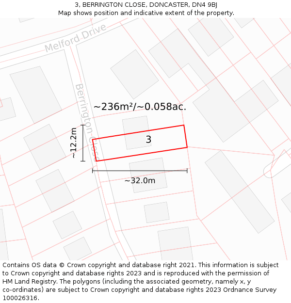 3, BERRINGTON CLOSE, DONCASTER, DN4 9BJ: Plot and title map