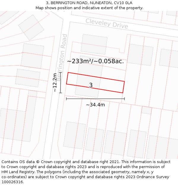 3, BERRINGTON ROAD, NUNEATON, CV10 0LA: Plot and title map