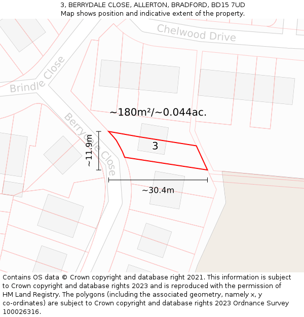 3, BERRYDALE CLOSE, ALLERTON, BRADFORD, BD15 7UD: Plot and title map
