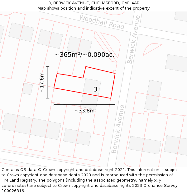 3, BERWICK AVENUE, CHELMSFORD, CM1 4AP: Plot and title map