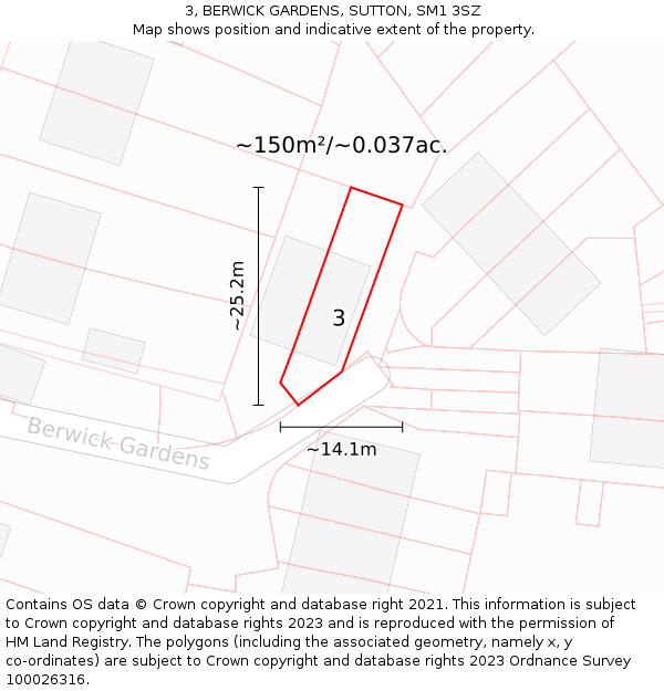 3, BERWICK GARDENS, SUTTON, SM1 3SZ: Plot and title map