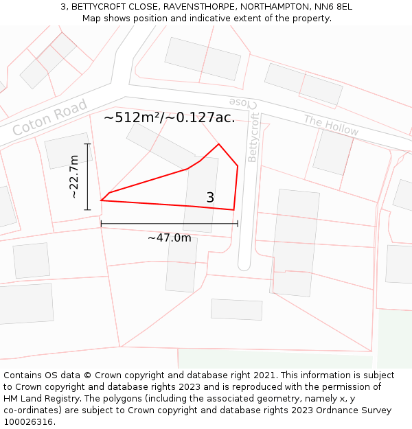 3, BETTYCROFT CLOSE, RAVENSTHORPE, NORTHAMPTON, NN6 8EL: Plot and title map