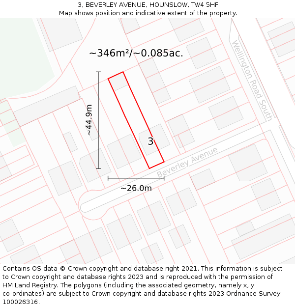 3, BEVERLEY AVENUE, HOUNSLOW, TW4 5HF: Plot and title map