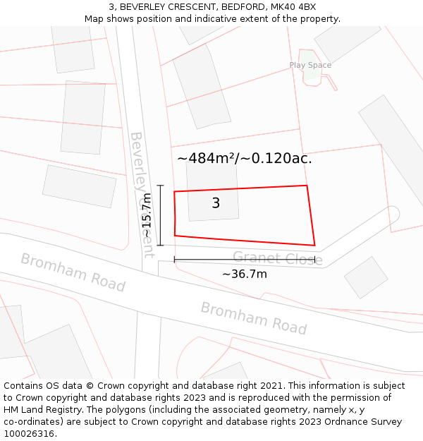 3, BEVERLEY CRESCENT, BEDFORD, MK40 4BX: Plot and title map