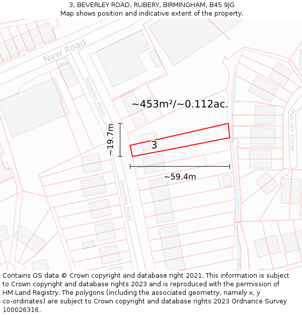 3, BEVERLEY ROAD, RUBERY, BIRMINGHAM, B45 9JG: Plot and title map