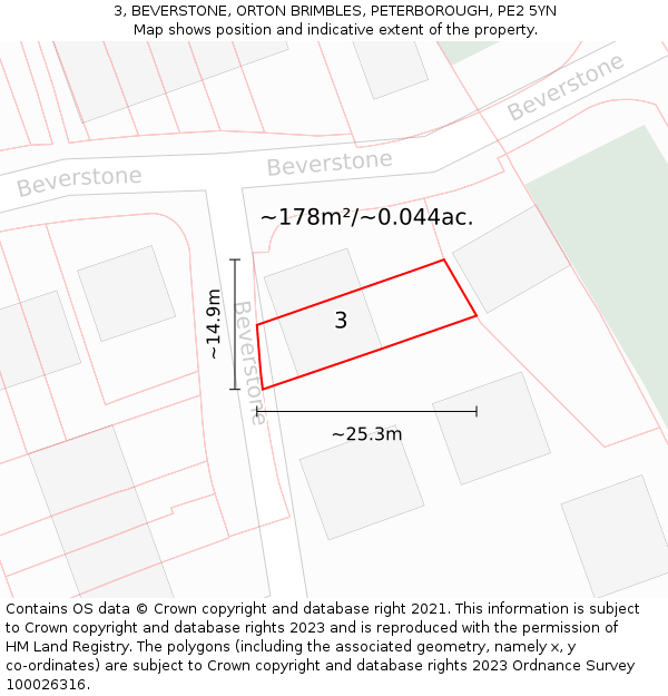 3, BEVERSTONE, ORTON BRIMBLES, PETERBOROUGH, PE2 5YN: Plot and title map