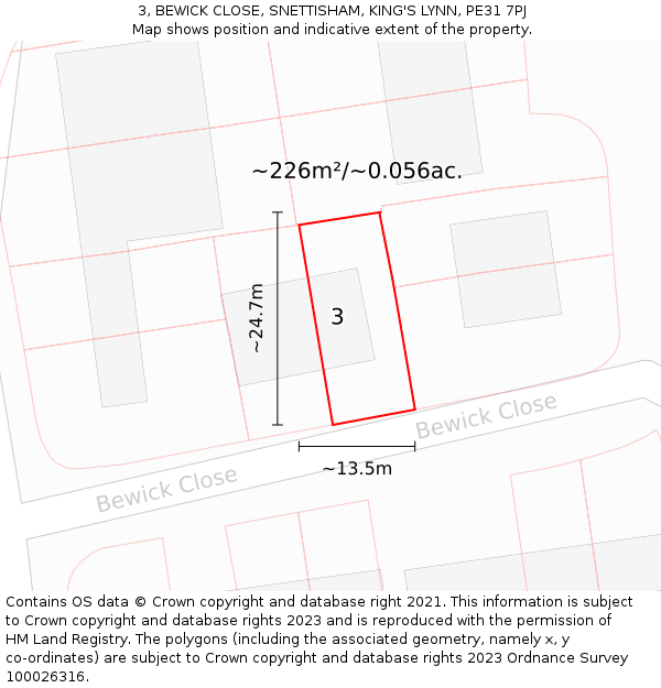 3, BEWICK CLOSE, SNETTISHAM, KING'S LYNN, PE31 7PJ: Plot and title map
