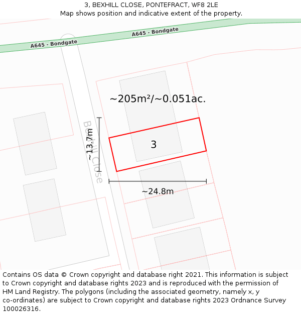 3, BEXHILL CLOSE, PONTEFRACT, WF8 2LE: Plot and title map
