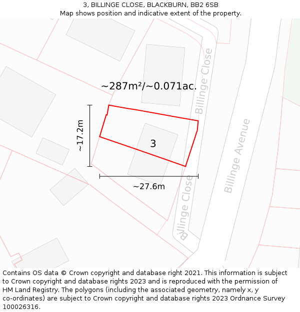 3, BILLINGE CLOSE, BLACKBURN, BB2 6SB: Plot and title map