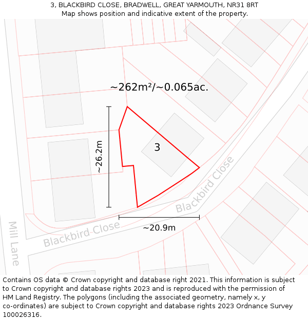 3, BLACKBIRD CLOSE, BRADWELL, GREAT YARMOUTH, NR31 8RT: Plot and title map