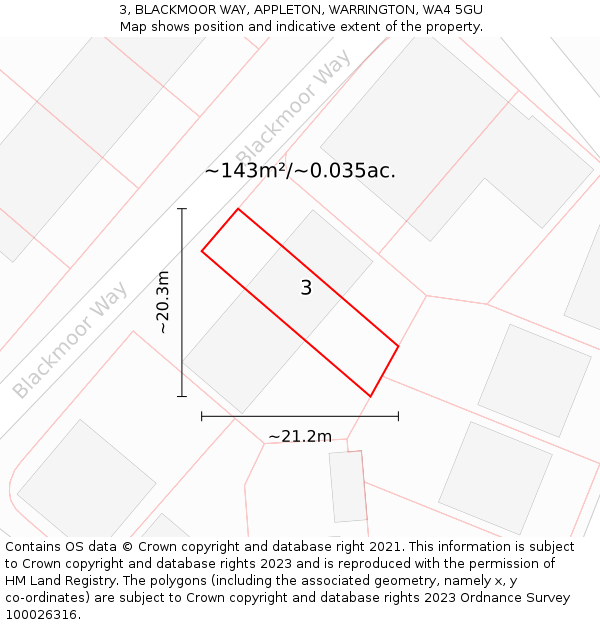 3, BLACKMOOR WAY, APPLETON, WARRINGTON, WA4 5GU: Plot and title map