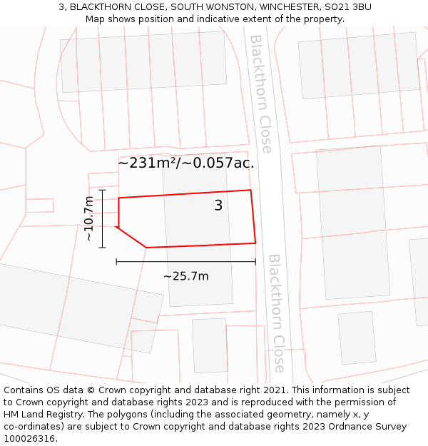 3, BLACKTHORN CLOSE, SOUTH WONSTON, WINCHESTER, SO21 3BU: Plot and title map