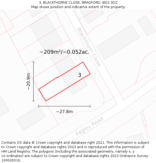 3, BLACKTHORNE CLOSE, BRADFORD, BD2 3DZ: Plot and title map