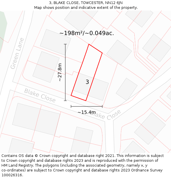3, BLAKE CLOSE, TOWCESTER, NN12 6JN: Plot and title map
