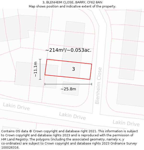 3, BLENHEIM CLOSE, BARRY, CF62 8AN: Plot and title map