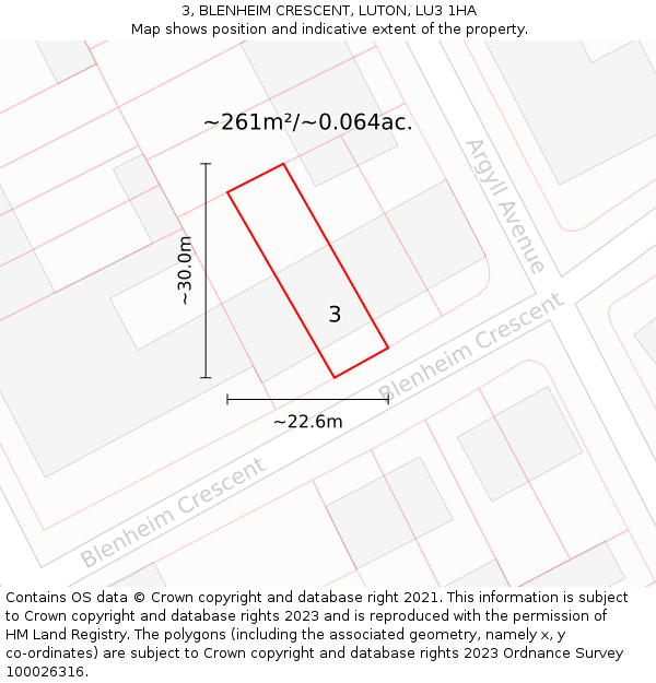 3, BLENHEIM CRESCENT, LUTON, LU3 1HA: Plot and title map