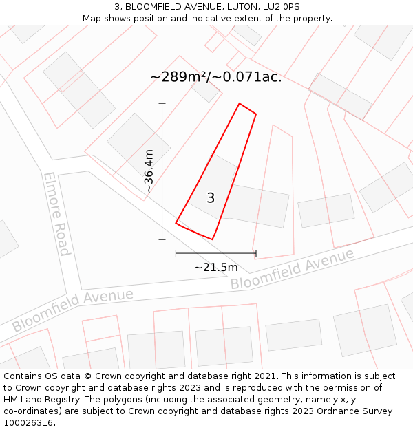 3, BLOOMFIELD AVENUE, LUTON, LU2 0PS: Plot and title map