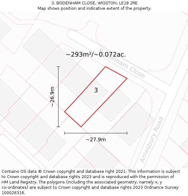 3, BODENHAM CLOSE, WIGSTON, LE18 2RE: Plot and title map