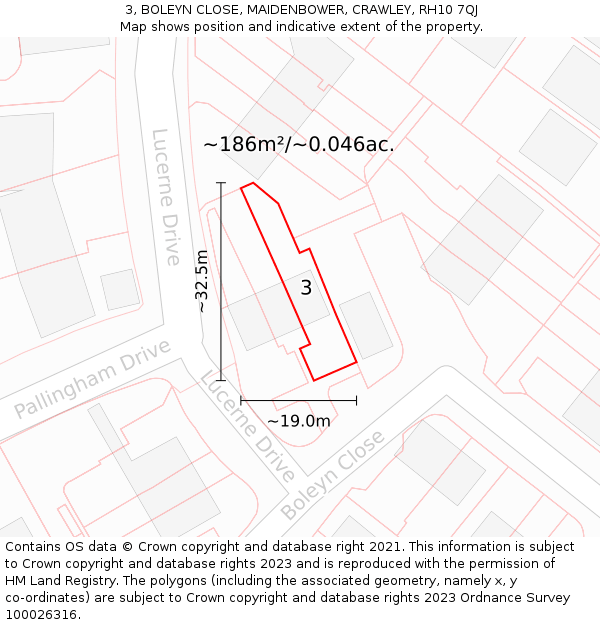 3, BOLEYN CLOSE, MAIDENBOWER, CRAWLEY, RH10 7QJ: Plot and title map