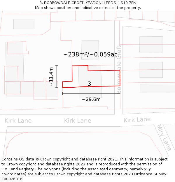 3, BORROWDALE CROFT, YEADON, LEEDS, LS19 7FN: Plot and title map