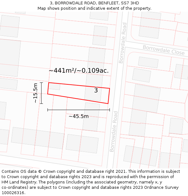 3, BORROWDALE ROAD, BENFLEET, SS7 3HD: Plot and title map