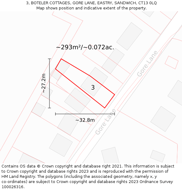 3, BOTELER COTTAGES, GORE LANE, EASTRY, SANDWICH, CT13 0LQ: Plot and title map