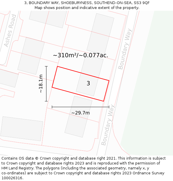 3, BOUNDARY WAY, SHOEBURYNESS, SOUTHEND-ON-SEA, SS3 9QF: Plot and title map