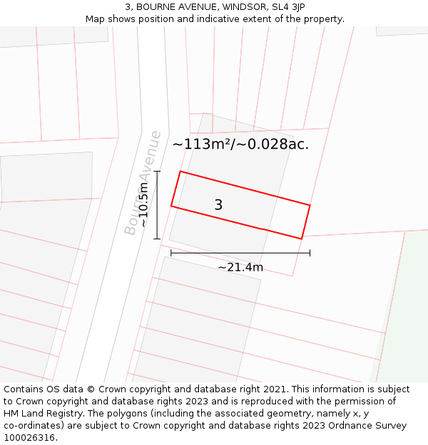 3, BOURNE AVENUE, WINDSOR, SL4 3JP: Plot and title map