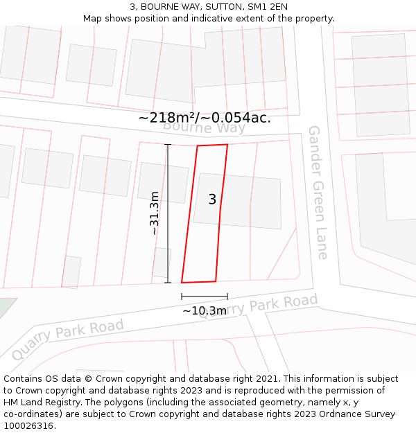 3, BOURNE WAY, SUTTON, SM1 2EN: Plot and title map