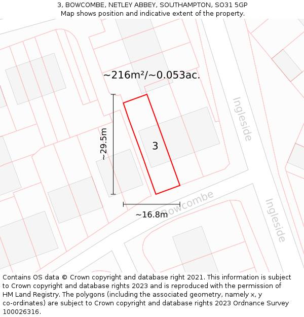 3, BOWCOMBE, NETLEY ABBEY, SOUTHAMPTON, SO31 5GP: Plot and title map