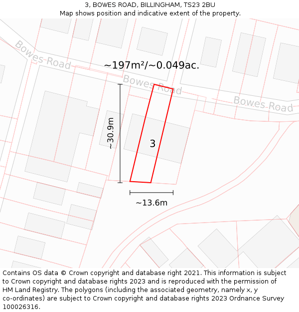 3, BOWES ROAD, BILLINGHAM, TS23 2BU: Plot and title map
