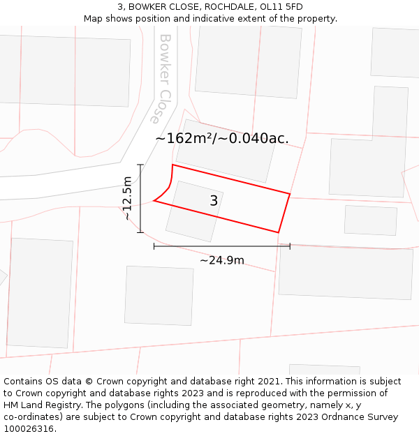 3, BOWKER CLOSE, ROCHDALE, OL11 5FD: Plot and title map