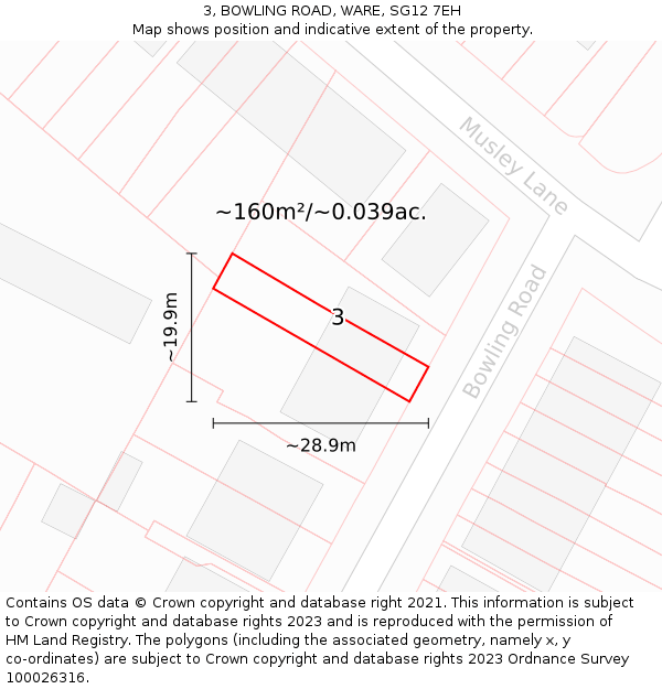 3, BOWLING ROAD, WARE, SG12 7EH: Plot and title map