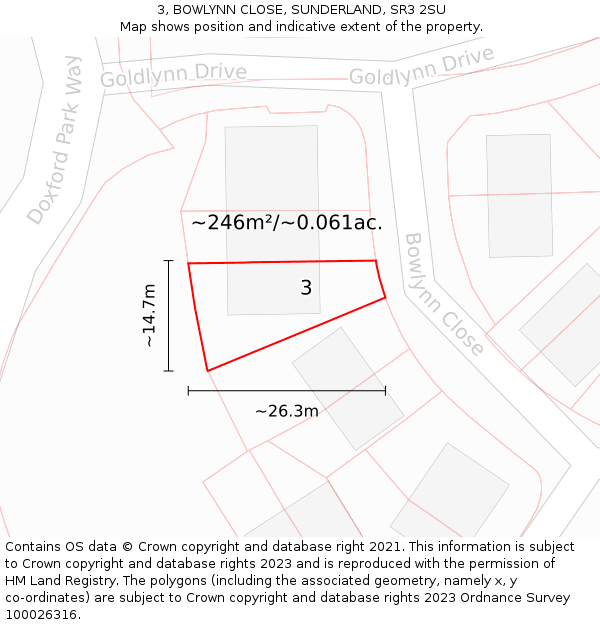 3, BOWLYNN CLOSE, SUNDERLAND, SR3 2SU: Plot and title map
