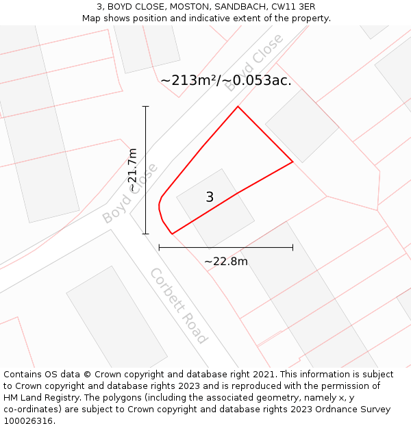 3, BOYD CLOSE, MOSTON, SANDBACH, CW11 3ER: Plot and title map