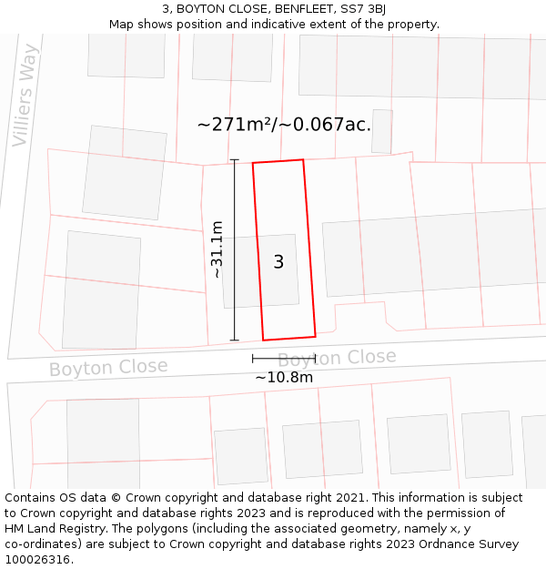 3, BOYTON CLOSE, BENFLEET, SS7 3BJ: Plot and title map