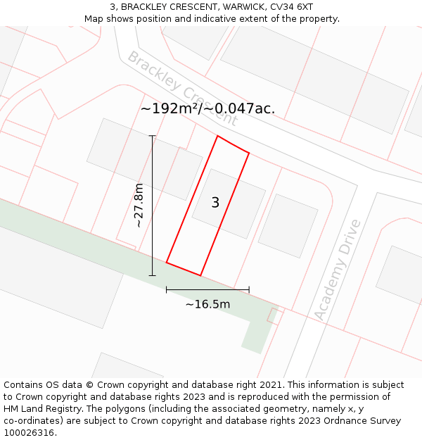 3, BRACKLEY CRESCENT, WARWICK, CV34 6XT: Plot and title map