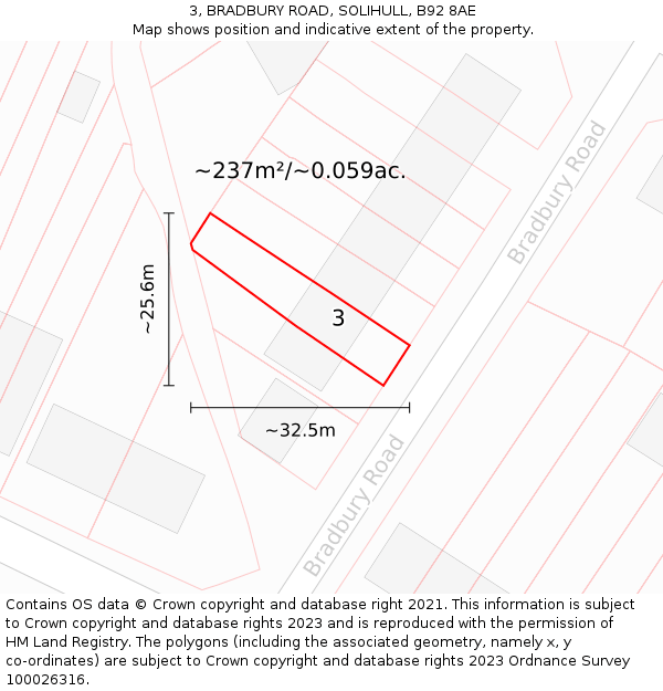 3, BRADBURY ROAD, SOLIHULL, B92 8AE: Plot and title map