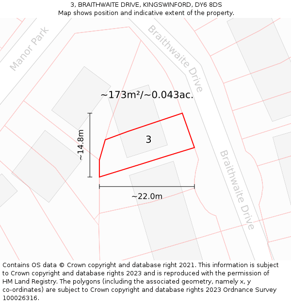 3, BRAITHWAITE DRIVE, KINGSWINFORD, DY6 8DS: Plot and title map