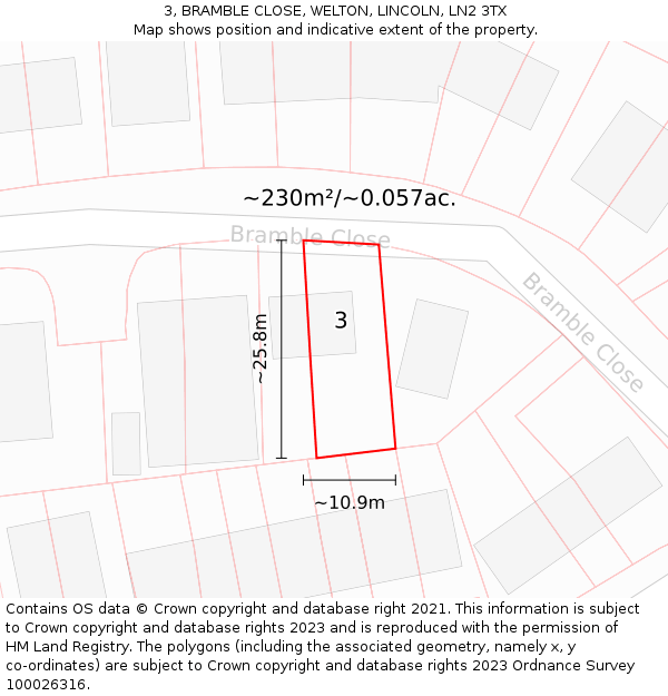 3, BRAMBLE CLOSE, WELTON, LINCOLN, LN2 3TX: Plot and title map